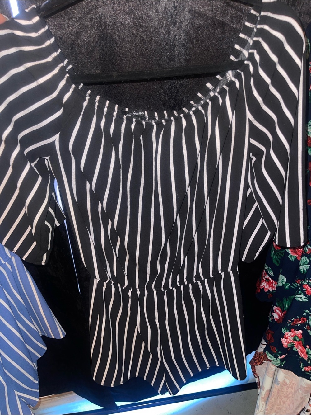 Ambiance Black & White Striped Off-Shoulder Romper